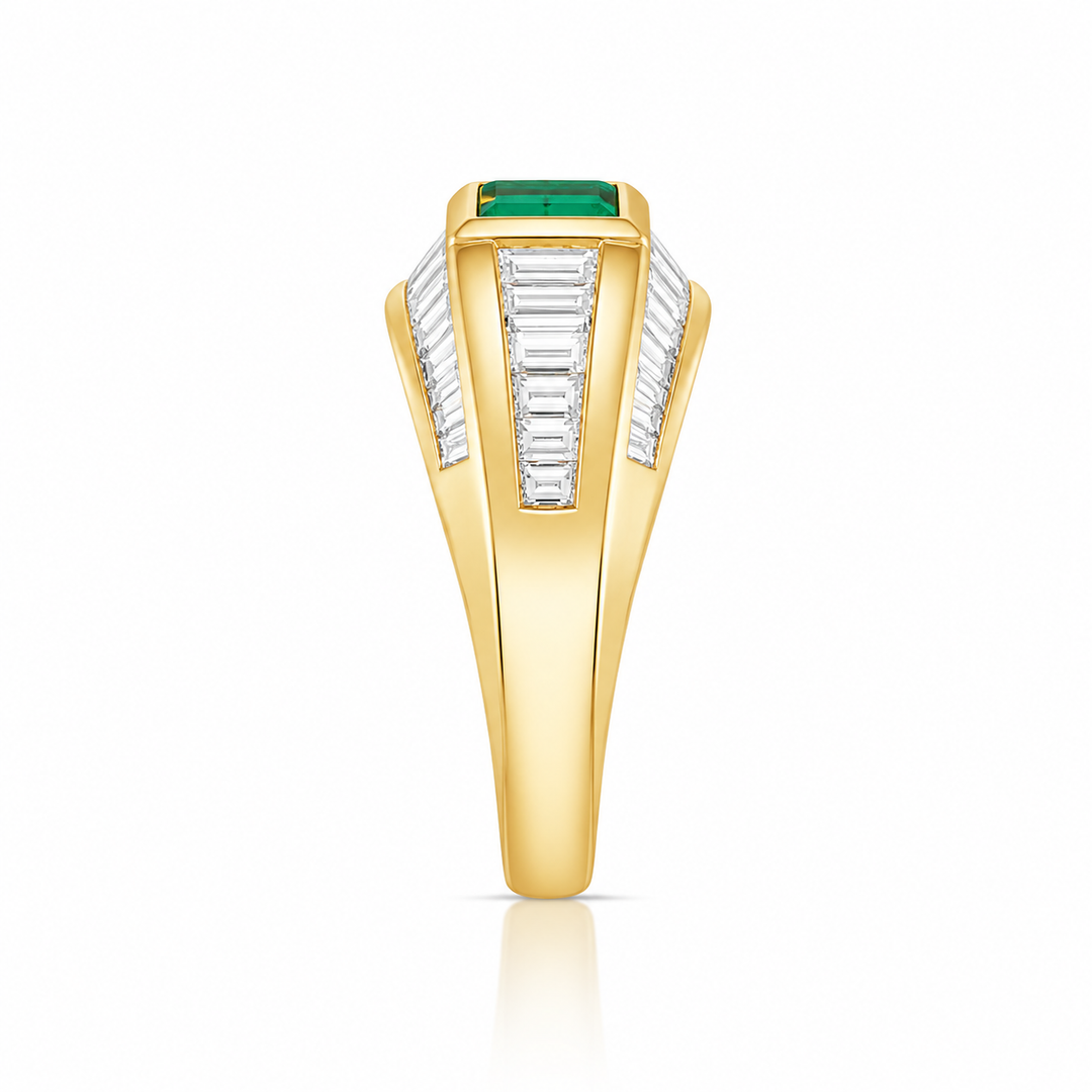 18K Yellow Gold Diamond & Emerald Statement Ring ~ 1 ½ Ct