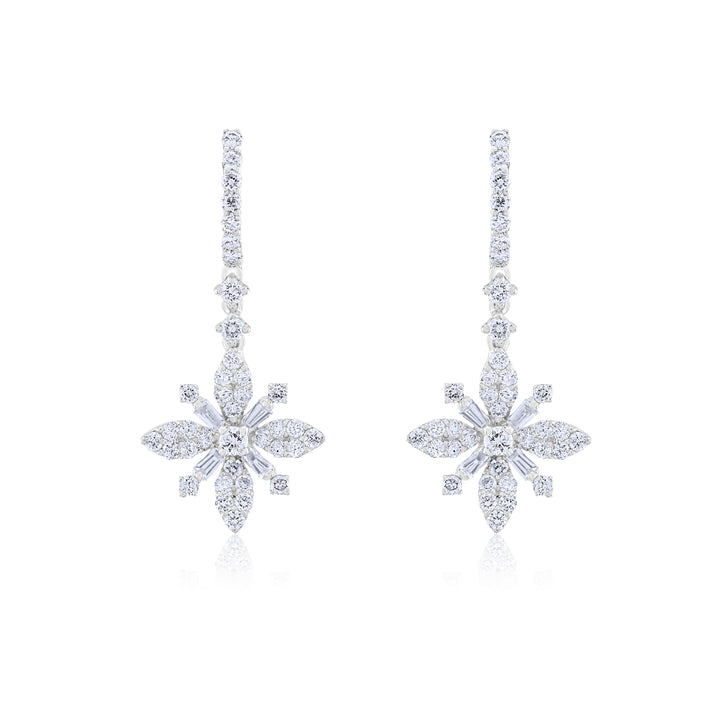 14K White Gold Diamond Floral Drop Earrings 1.52 Ct
