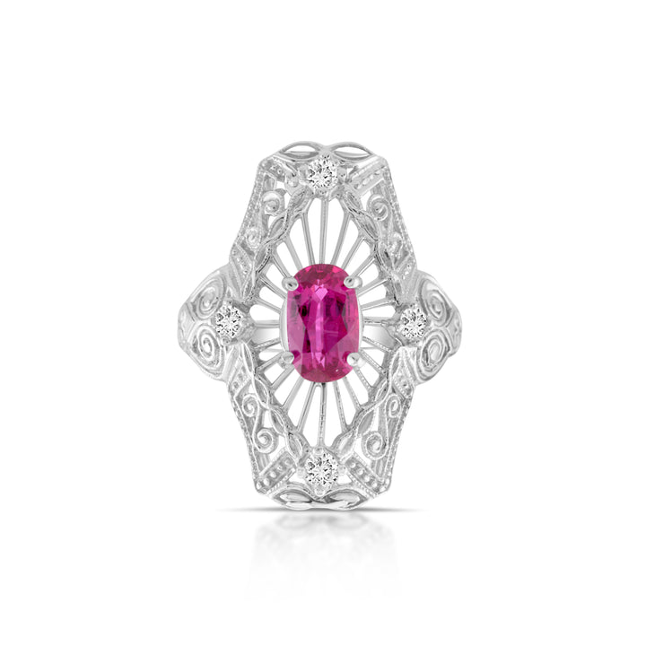 14K White Gold Diamond & Ruby Art Deco Cocktail Ring ~ 1 2/3 Ct