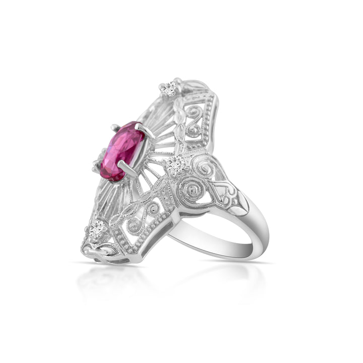 14K White Gold Diamond & Ruby Art Deco Cocktail Ring ~ 1 2/3 Ct