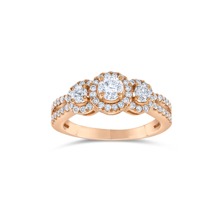 14K Rose Gold Diamond Halo Three-Stone Engagement Ring 1.15 Ct