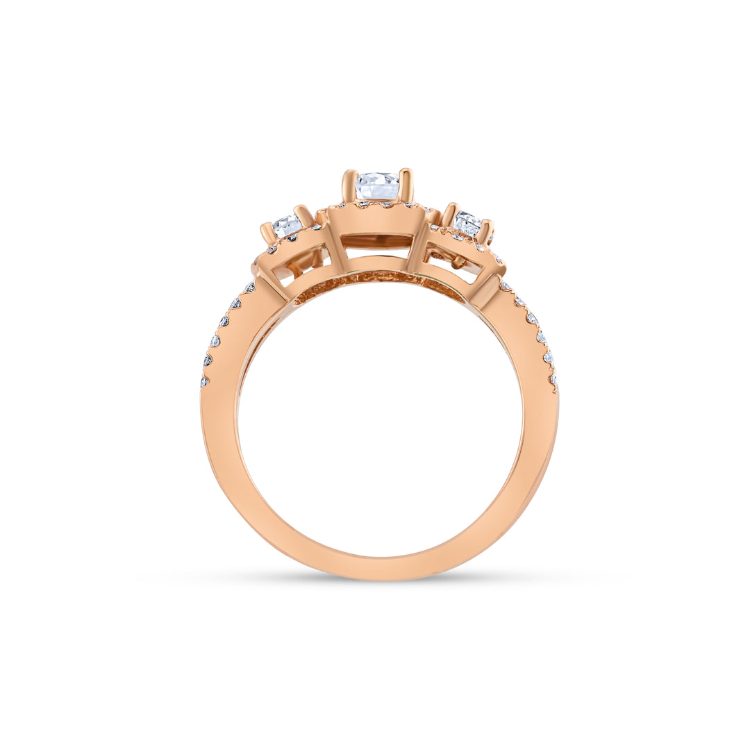 14K Rose Gold Diamond Halo Three-Stone Engagement Ring 1.15 Ct