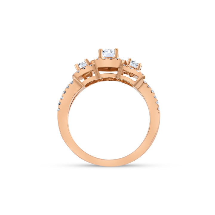 14K Rose Gold Diamond Halo Three-Stone Engagement Ring 1.15 Ct