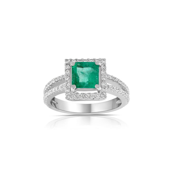 18K White Gold Diamond & Emerald Halo Ring 1 2/3 Ct