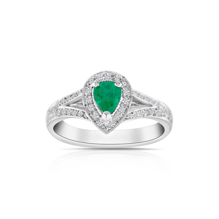 14K White Gold Diamond & Emerald Halo Ring ~ ¾ Ct