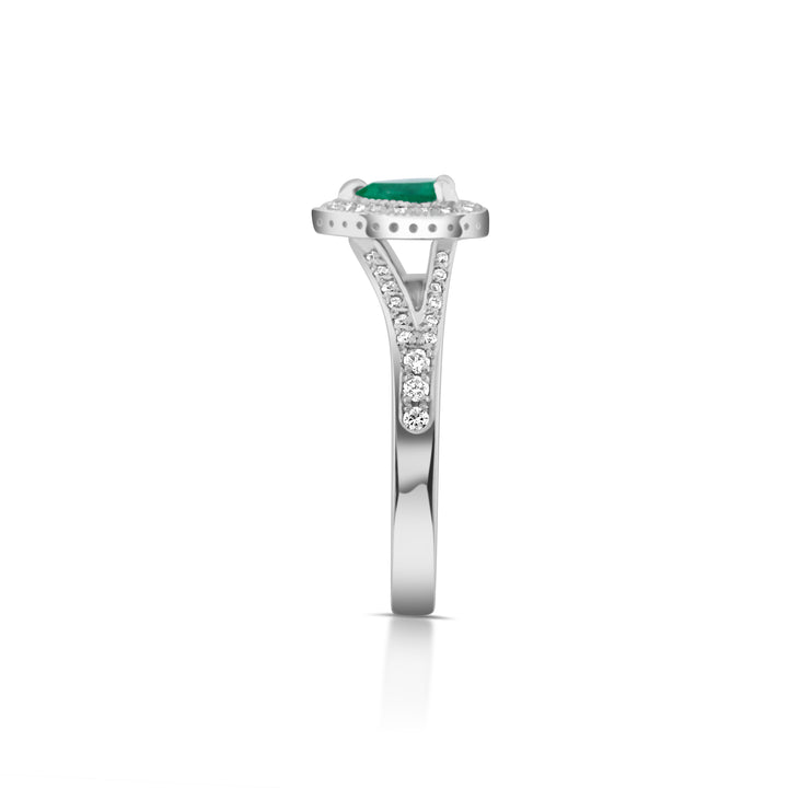 14K White Gold Diamond & Emerald Halo Ring ~ ¾ Ct