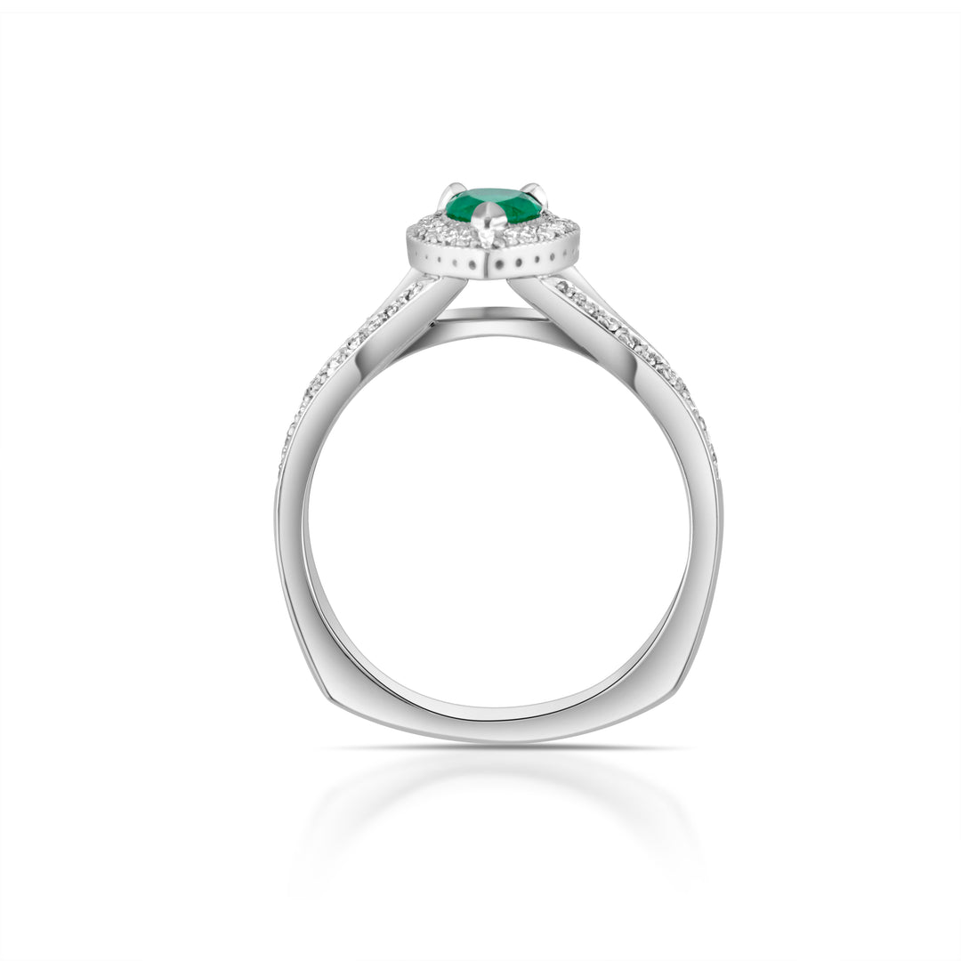 14K White Gold Diamond & Emerald Halo Ring ~ ¾ Ct