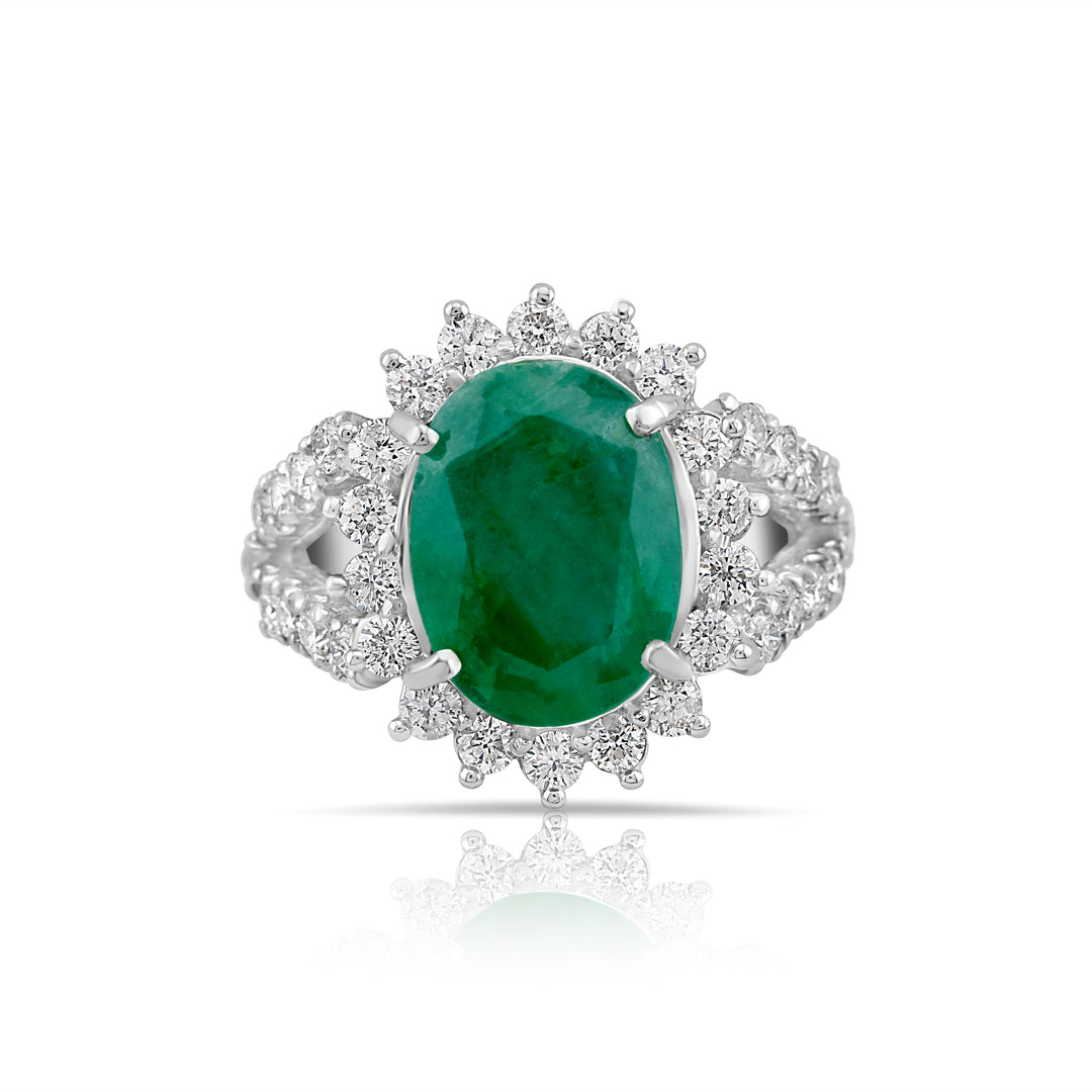 14K White Gold Diamond & Emerald Victorian Halo Ring 5 1/3 Ct