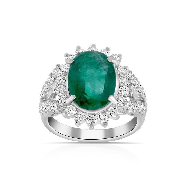 14K White Gold Diamond & Emerald Victorian Halo Ring 5 1/3 Ct
