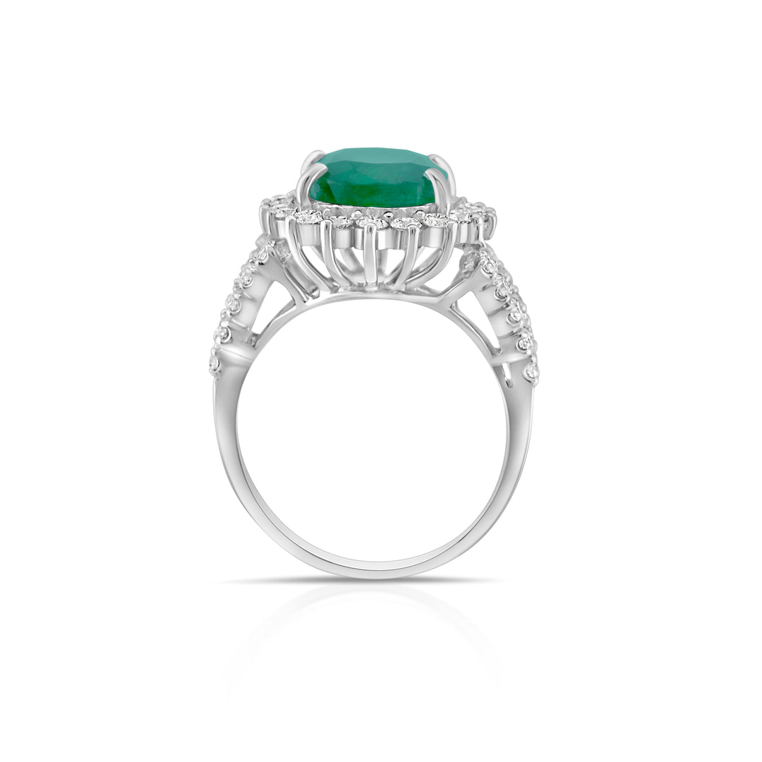 14K White Gold Diamond & Emerald Victorian Halo Ring 5 1/3 Ct