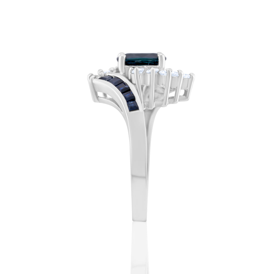 14K White Gold Diamond & Sapphire Swirl Right Hand Ring ~ 2 1/3 Ct