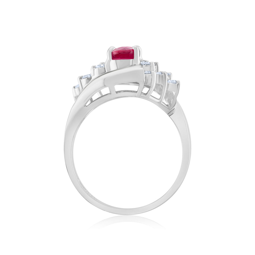 14K White Gold Diamond & Ruby Swirl Cluster Ring ~ 2 Ct