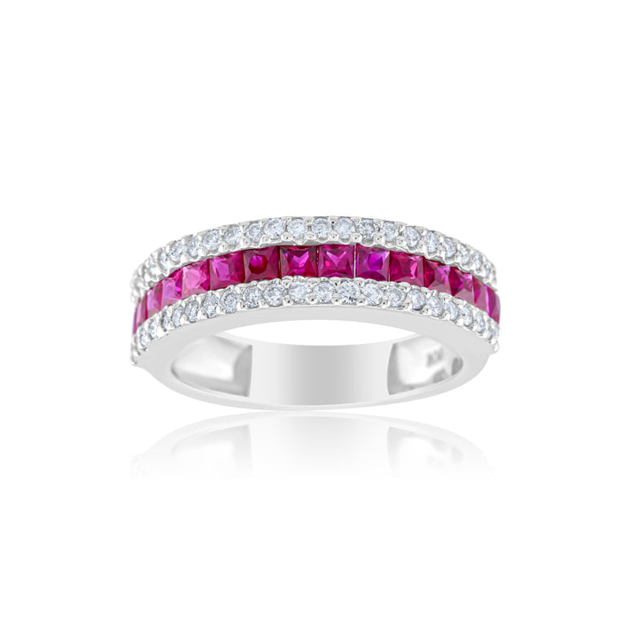 14K White Gold Diamond & Ruby Three-Row Band ~ 1 ½ Ct