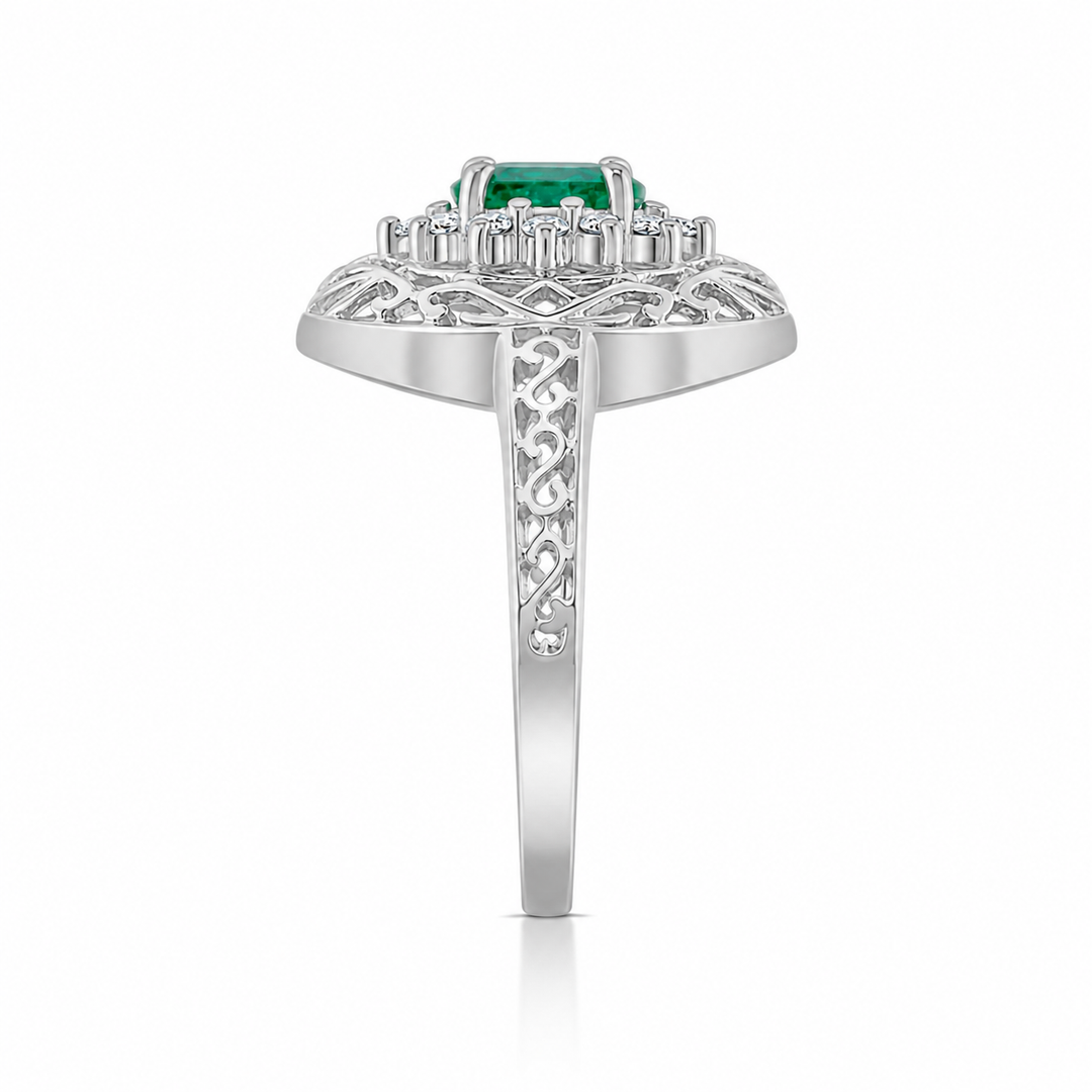 14K White Gold Diamond & Emerald Vintage-Style Filigree Ring ½ Ct