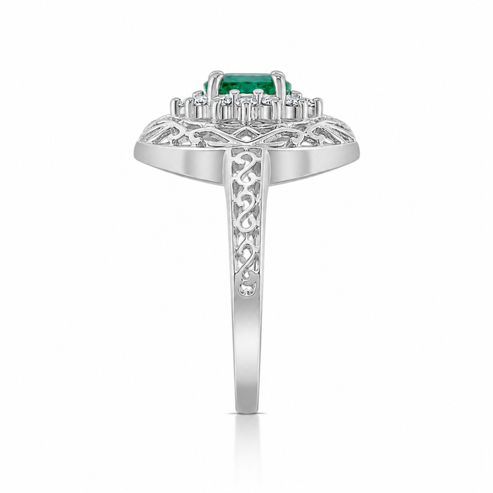 14K White Gold Diamond & Emerald Vintage-Style Filigree Ring ½ Ct