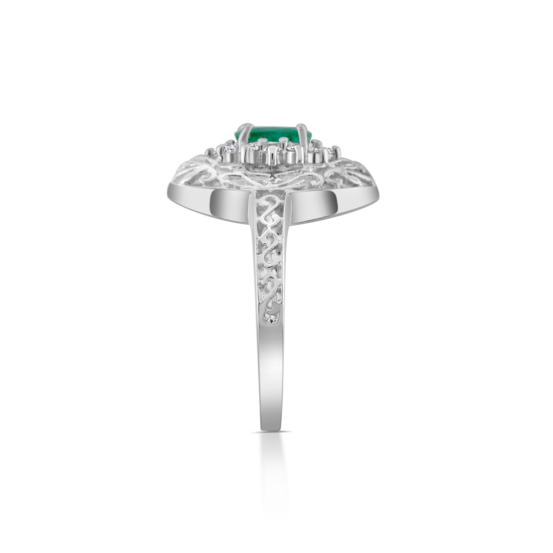 14K White Gold Diamond & Emerald Vintage-Style Filigree Ring ½ Ct