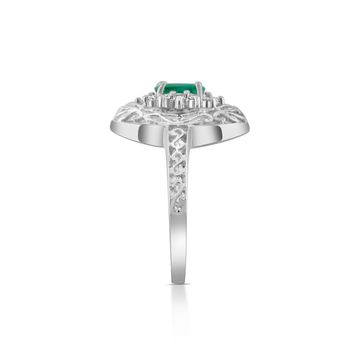 14K White Gold Diamond & Emerald Vintage-Style Filigree Ring ½ Ct