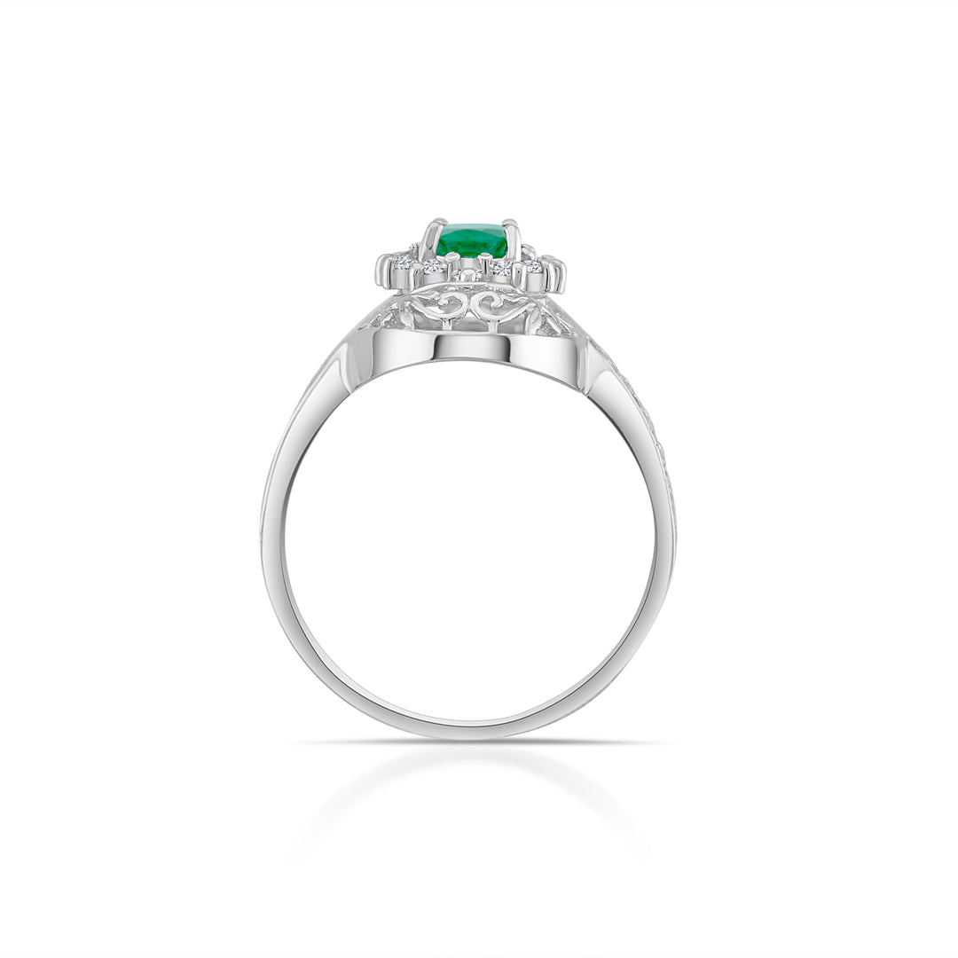 14K White Gold Diamond & Emerald Vintage-Style Filigree Ring ½ Ct