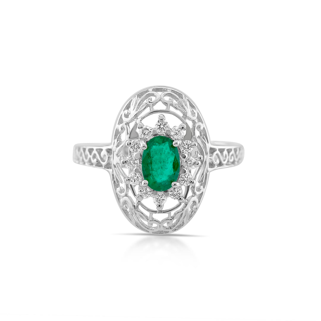 14K White Gold Diamond & Emerald Vintage-Style Filigree Ring ½ Ct