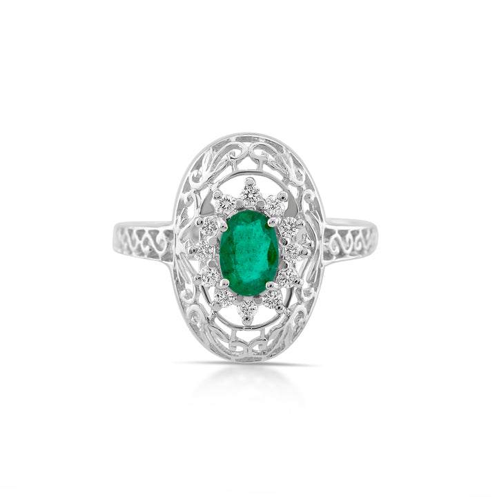 14K White Gold Diamond & Emerald Vintage-Style Filigree Ring ½ Ct