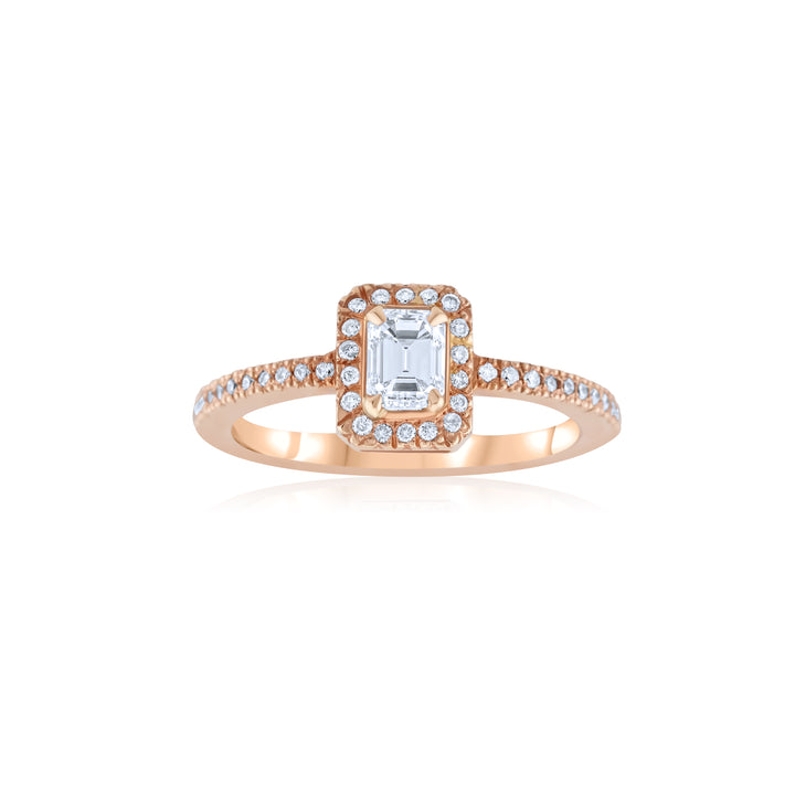 14K Rose Gold Halo Emerald Cut Diamond Engagement Ring 2/3 Ct