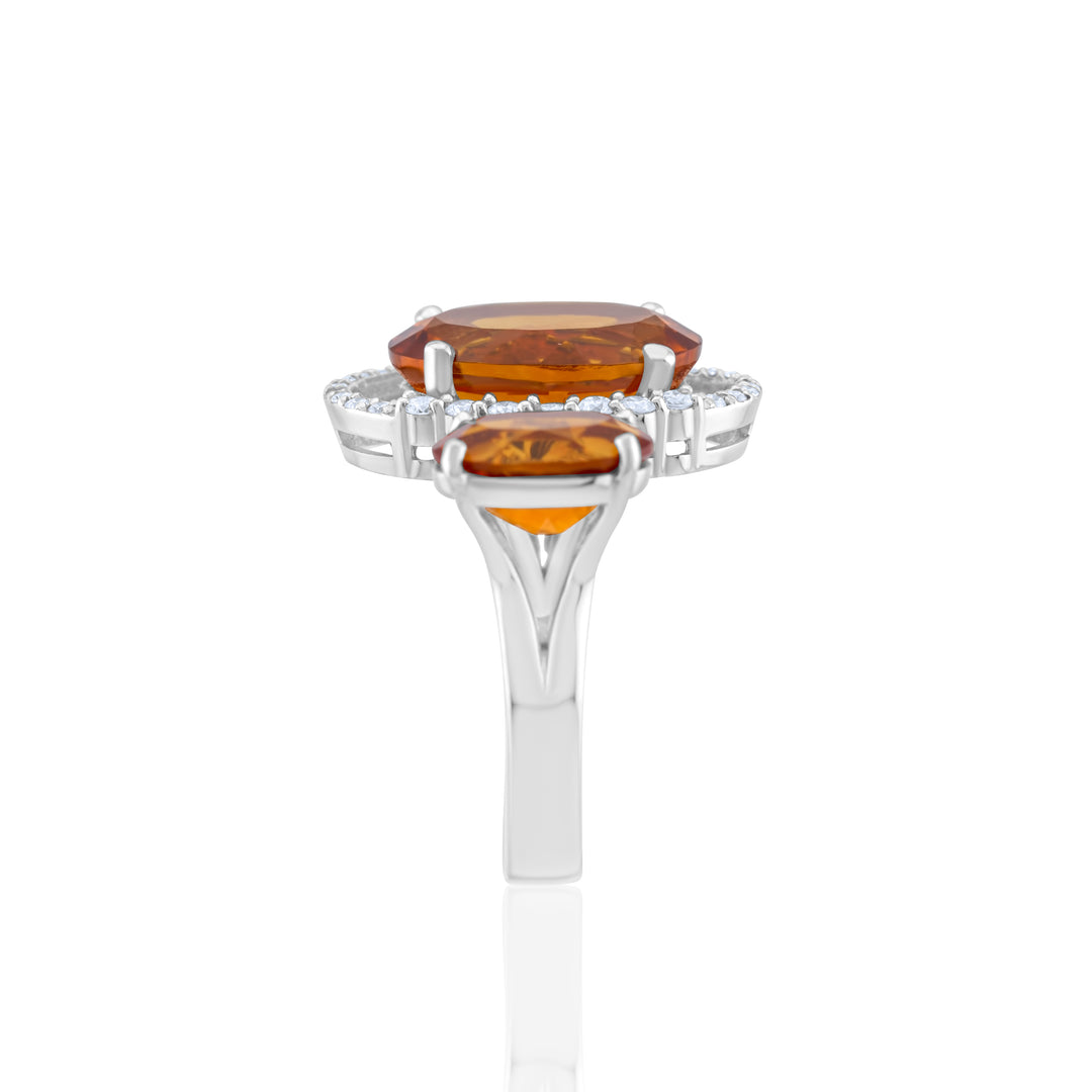 14K White Gold Diamond & Citrine Right Hand Ring 8 ½ Ct