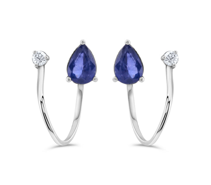 14K White Gold Diamond & Sapphire Loop Earrings 2 Ct
