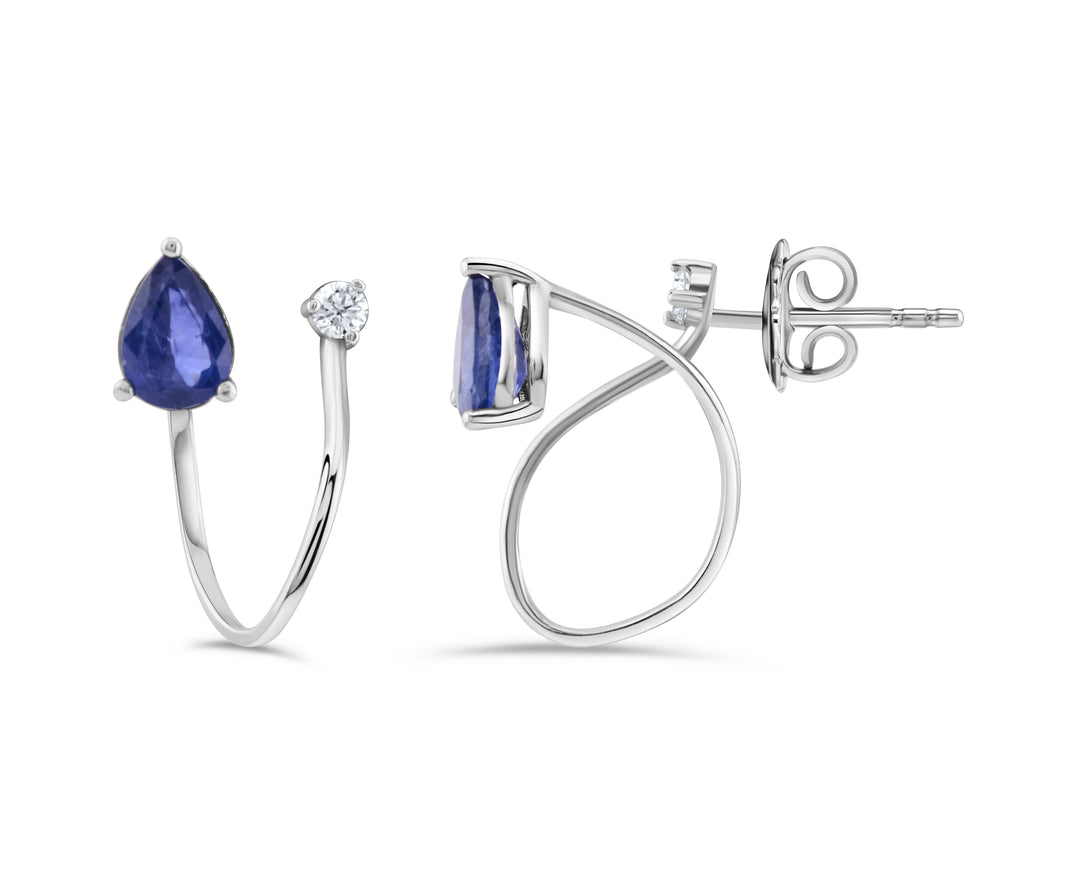 14K White Gold Diamond & Sapphire Loop Earrings 2 Ct