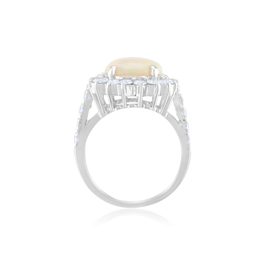 14K White Gold Diamond Halo Fiery Opal Cocktail Ring ~ 4 Ct