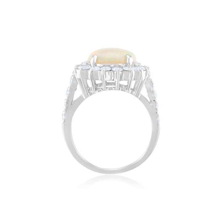 14K White Gold Diamond Halo Fiery Opal Cocktail Ring ~ 4 Ct