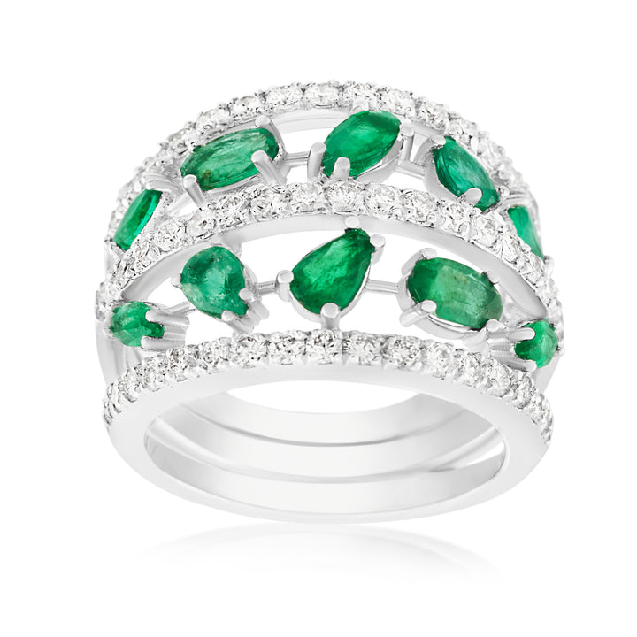 14K White Gold Emerald & Diamond Cocktail Ring ~ 2 ½ Ct