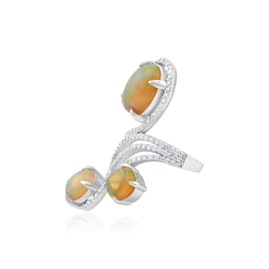 14K White Gold Diamond & Fiery Opal Right-Hand Ring ~ 6 ½ Ct