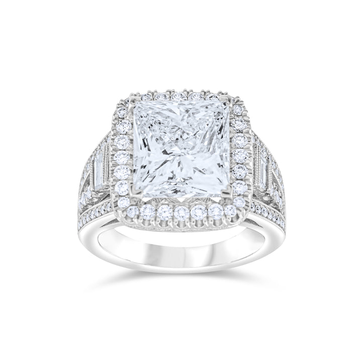 14K White Gold Diamond Halo Princess Cut Statement Ring ~ 7 ½ Ct