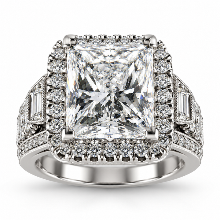 14K White Gold Diamond Halo Princess Cut Statement Ring ~ 7 ½ Ct