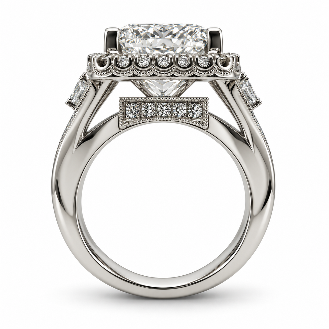 14K White Gold Diamond Halo Princess Cut Statement Ring ~ 7 ½ Ct
