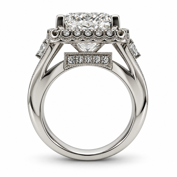 14K White Gold Diamond Halo Princess Cut Statement Ring ~ 7 ½ Ct