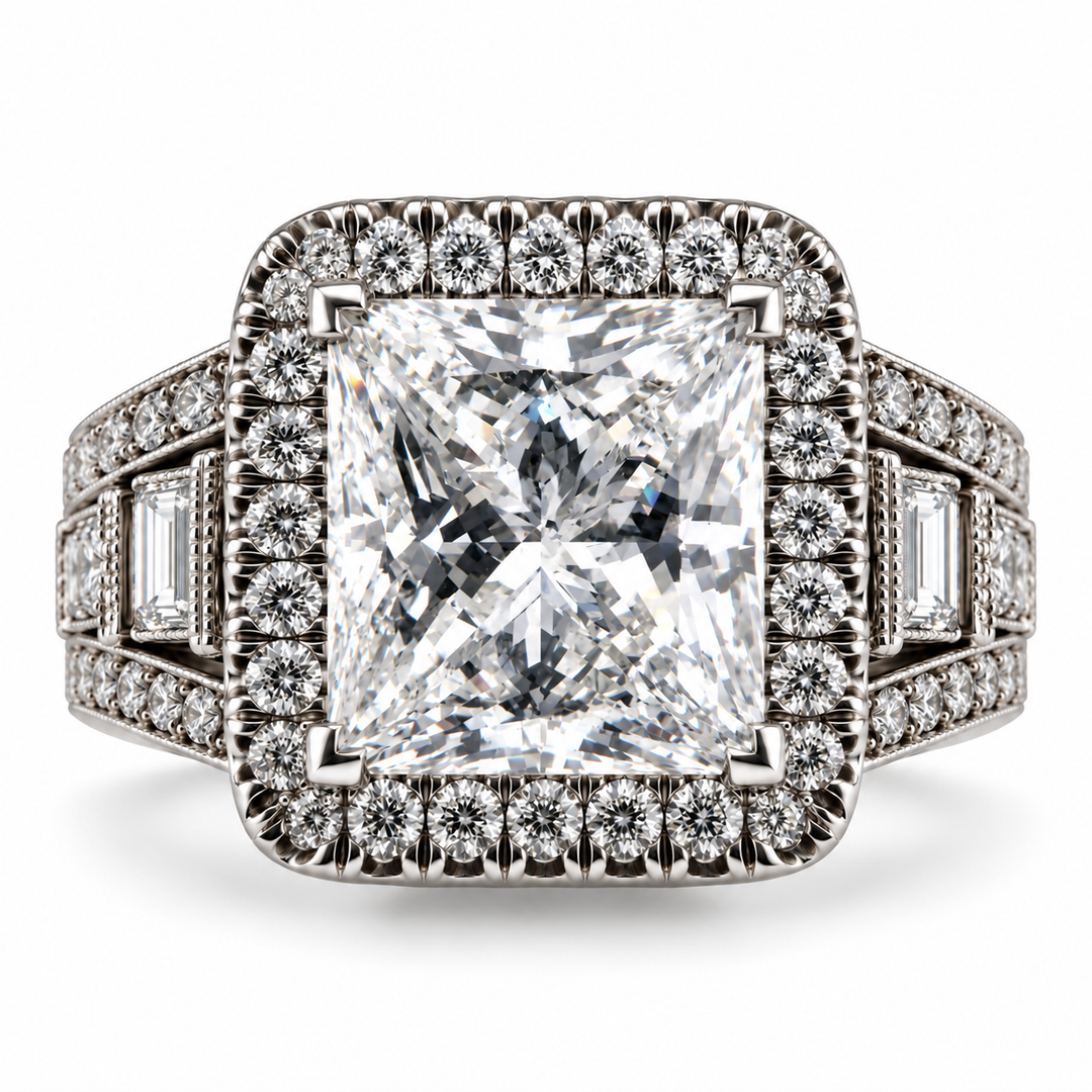 14K White Gold Diamond Halo Princess Cut Statement Ring ~ 7 ½ Ct