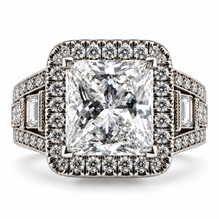 14K White Gold Diamond Halo Princess Cut Statement Ring ~ 7 ½ Ct