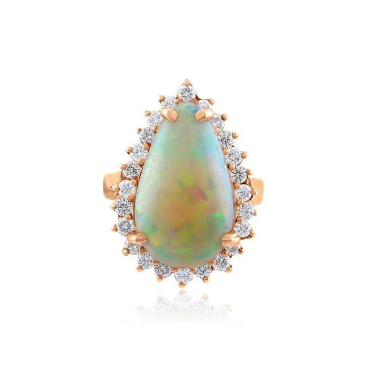 14K Rose Gold Diamond Halo Fiery Opal Statement Ring 6 1/3 Ct