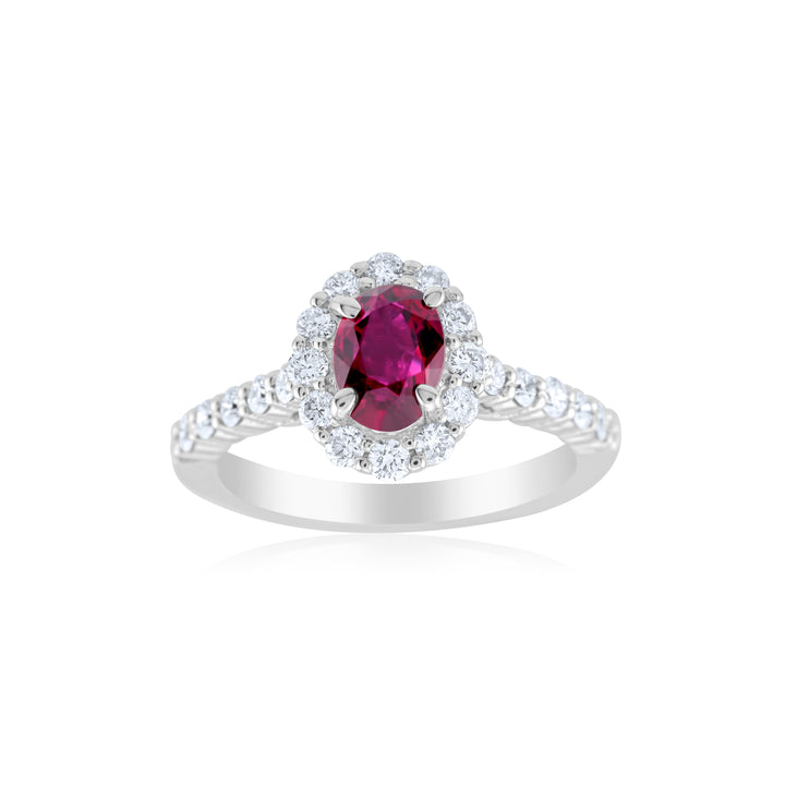 14K White Gold Diamond & Ruby Halo Right Hand Ring ~ 2 Ct