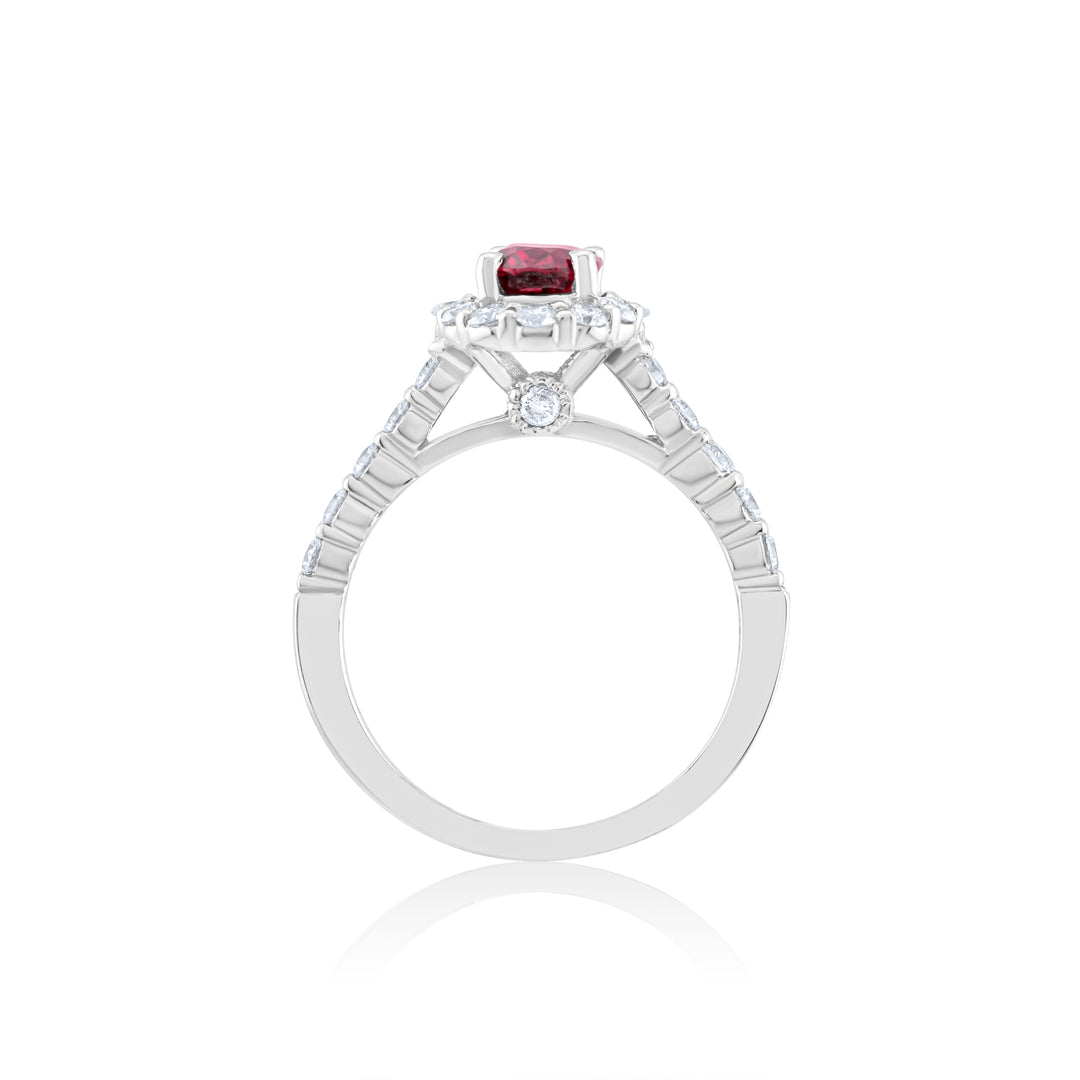14K White Gold Diamond & Ruby Halo Right Hand Ring ~ 2 Ct