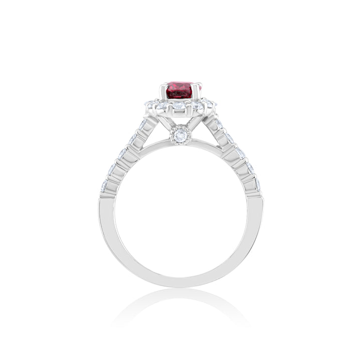 14K White Gold Diamond & Ruby Halo Right Hand Ring ~ 2 Ct