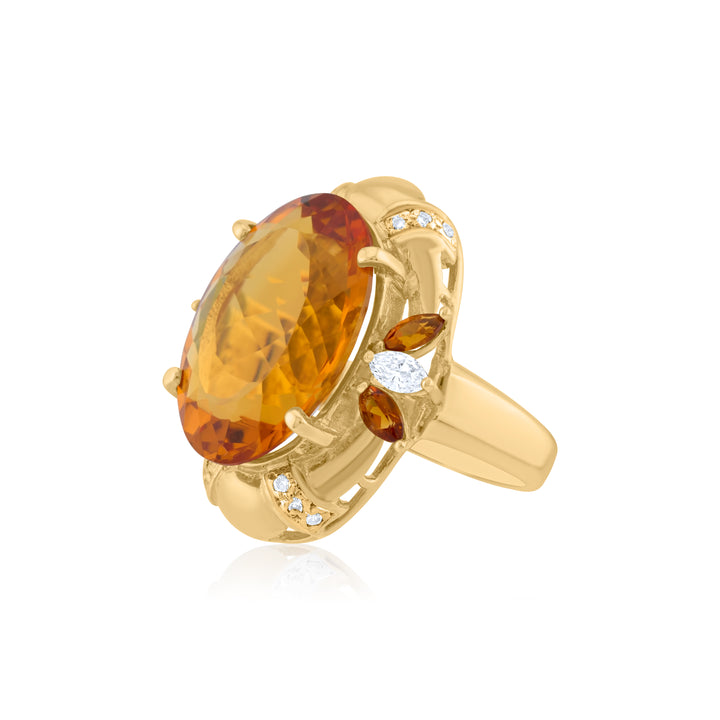 14K Yellow Gold Diamond & Citrine Vintage Statement Ring 15 Ct