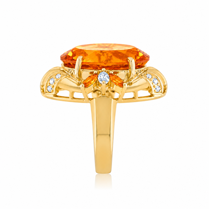 14K Yellow Gold Diamond & Citrine Vintage Statement Ring 15 Ct