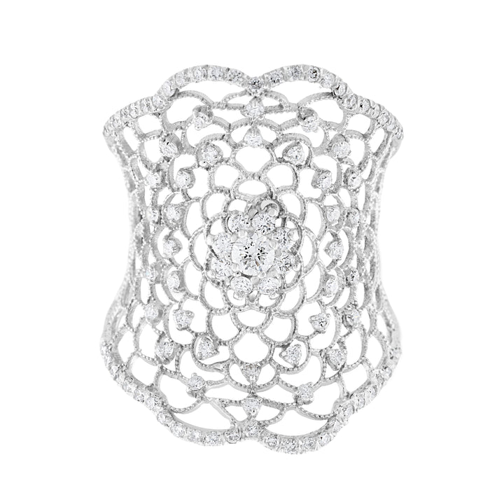 18K White Gold Diamond Filigree Cocktail Ring 1 ½ Ct