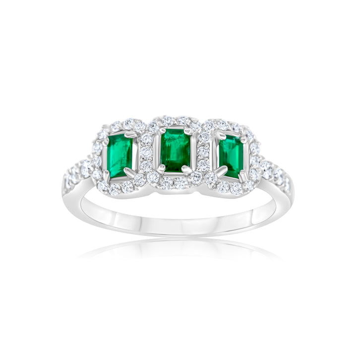 14K White Gold Diamond & Emerald Halo Three-Stone Ring ~ 1 Ct