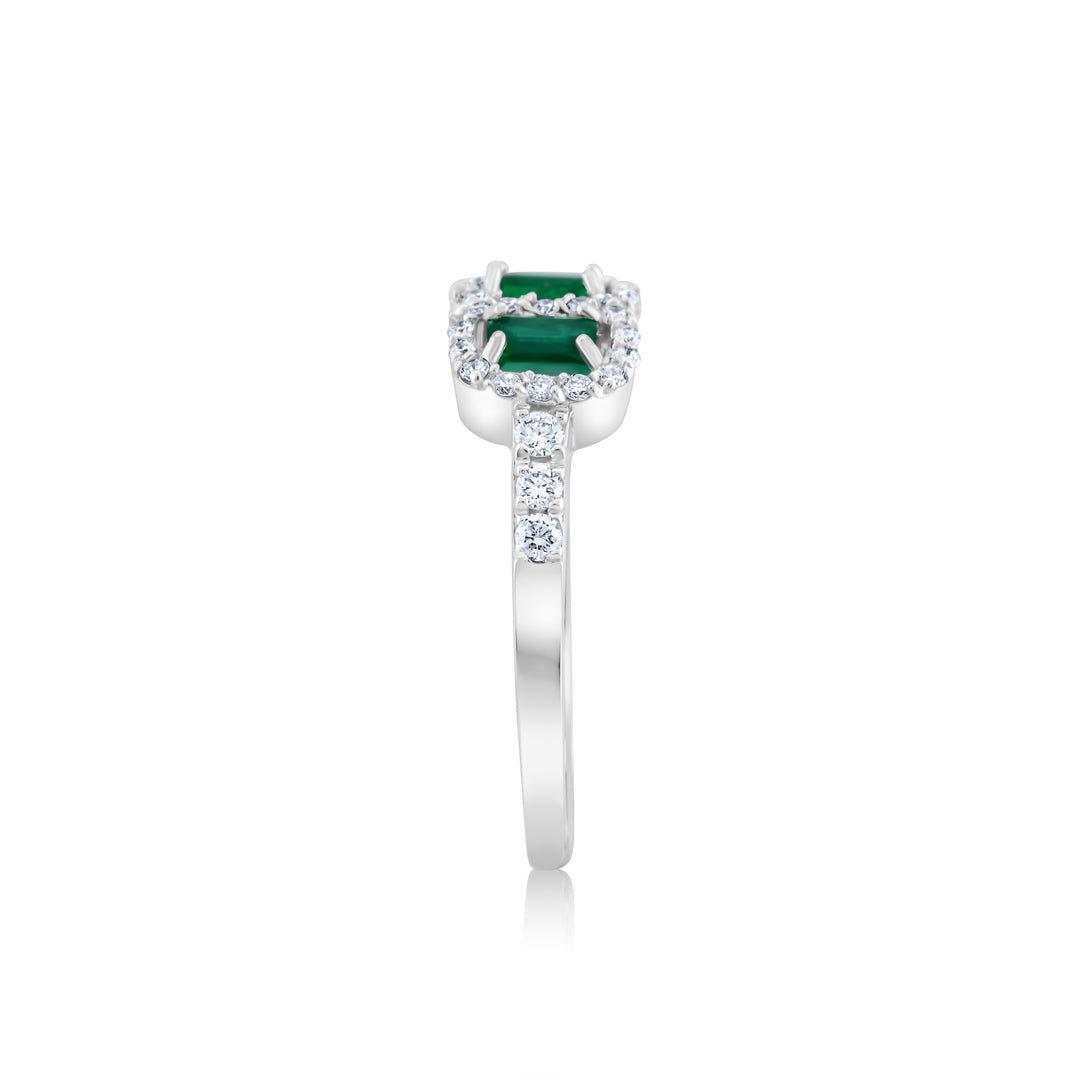 14K White Gold Diamond & Emerald Halo Three-Stone Ring ~ 1 Ct