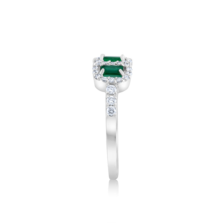 14K White Gold Diamond & Emerald Halo Three-Stone Ring ~ 1 Ct