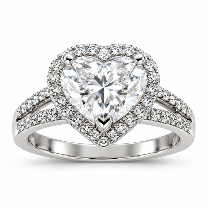 18K White Gold Diamond Halo Heart-Shaped Engagement Ring 2 1/3 Ct