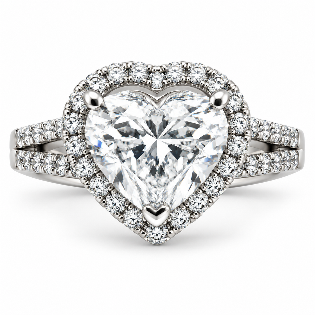 18K White Gold Diamond Halo Heart-Shaped Engagement Ring 2 1/3 Ct